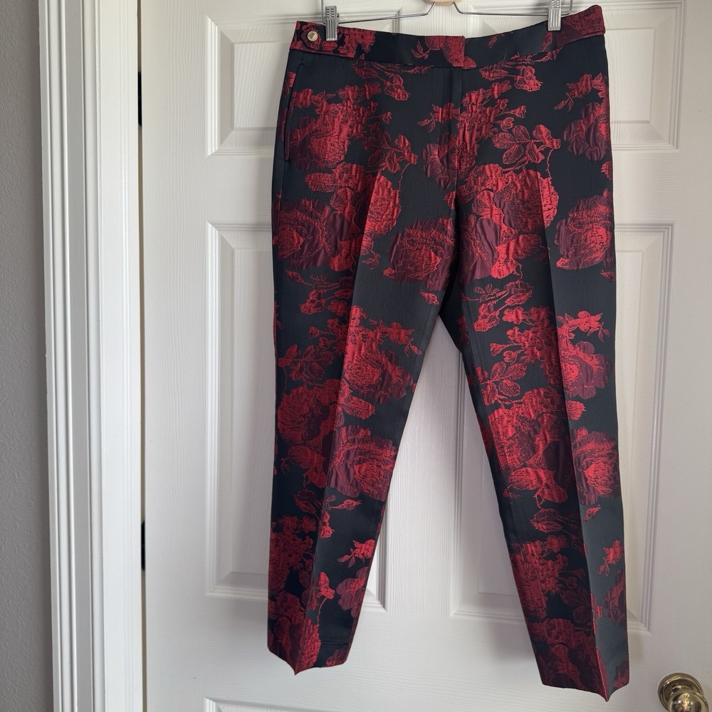Calvin Klein Womens Size 12 Black‎ Red Floral Suit Ankle Pants Gold Hardware